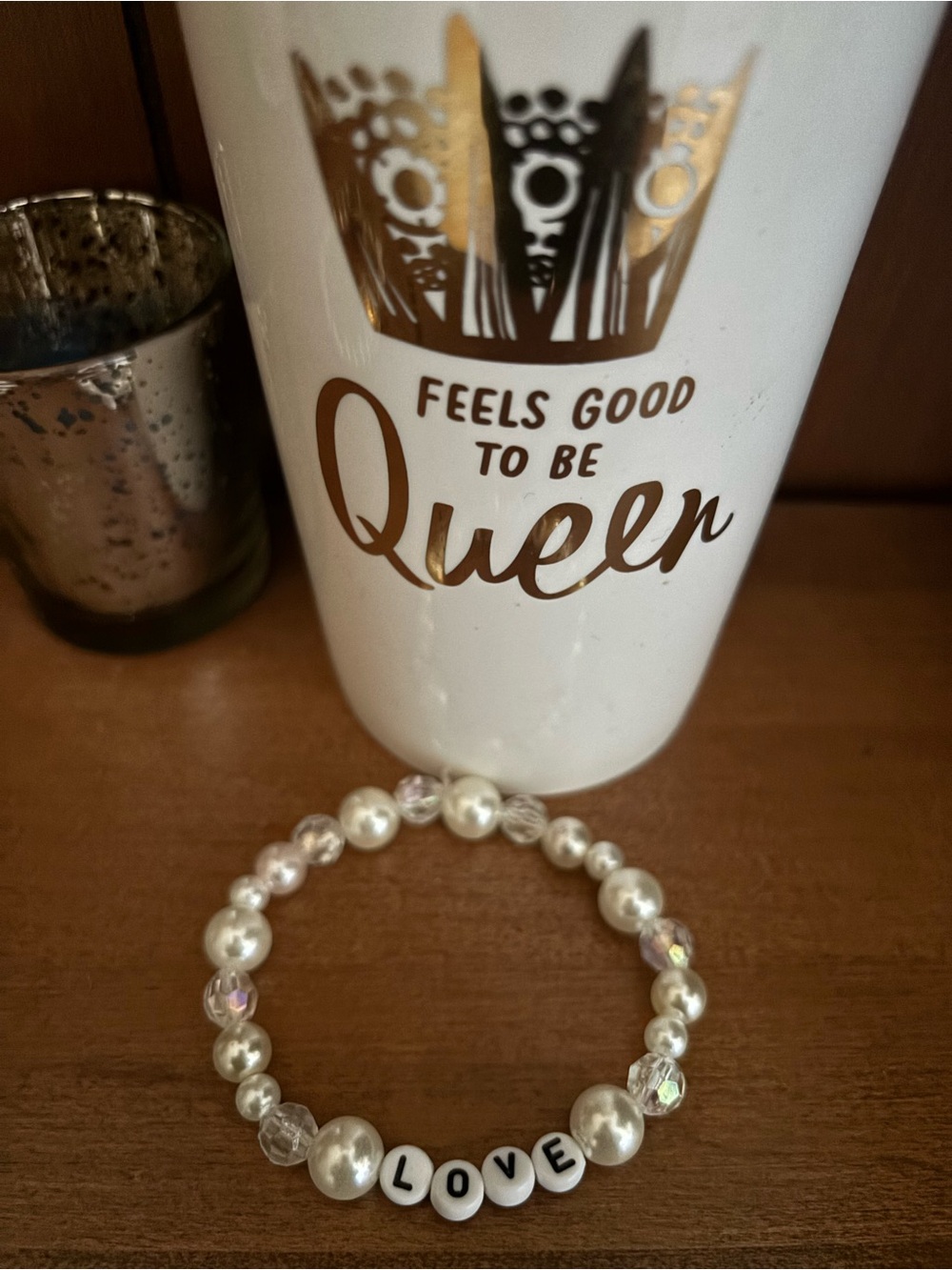 LOVE Pearl Stretch Bracelet - White Pearl Beads